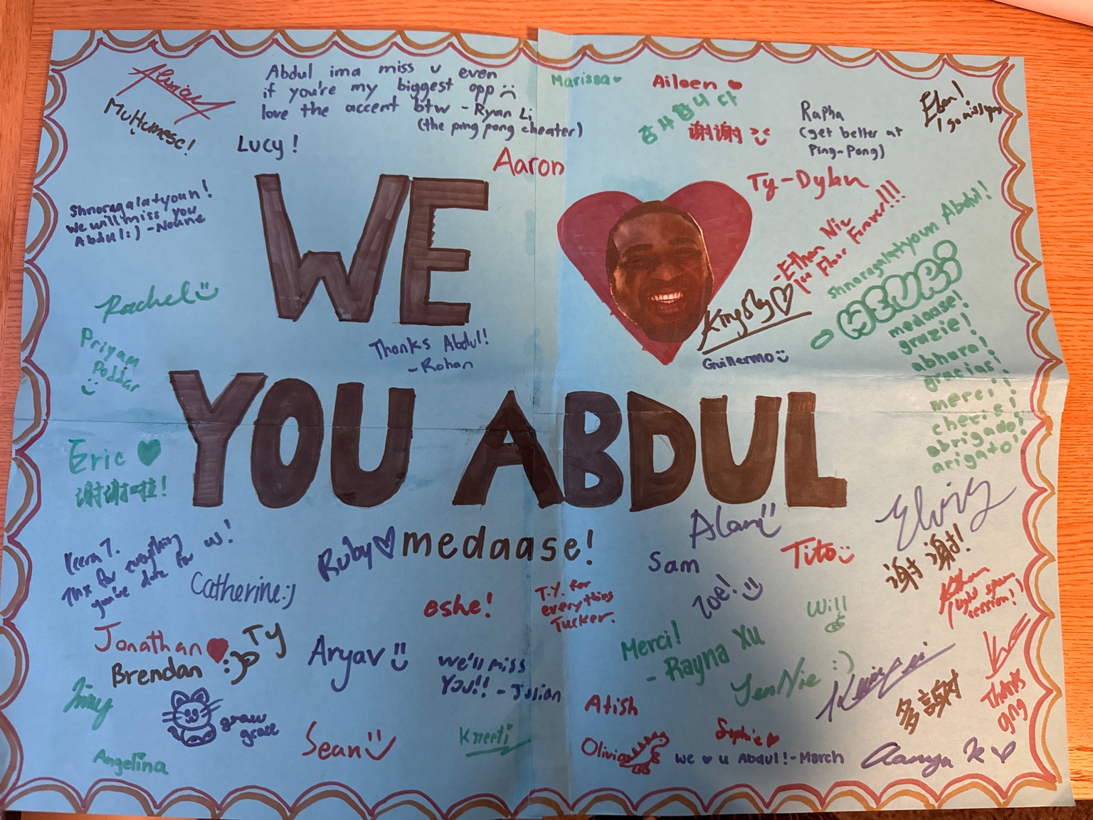 Send-off card signed by Junipero Hall residents and summer resident assistants